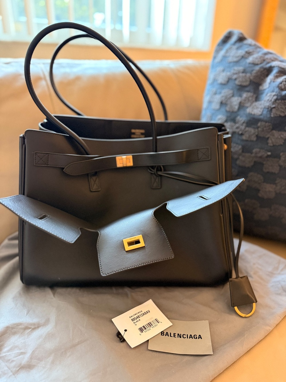 Balenciaga Black Leather Tote with Gold Accent Hardware